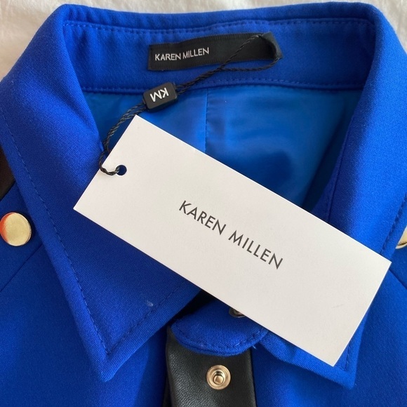 Karen Millen- NWT Blue Stretch Mini Dress w Silver Ring Cutout and Leather Trim - Picture 5 of 13